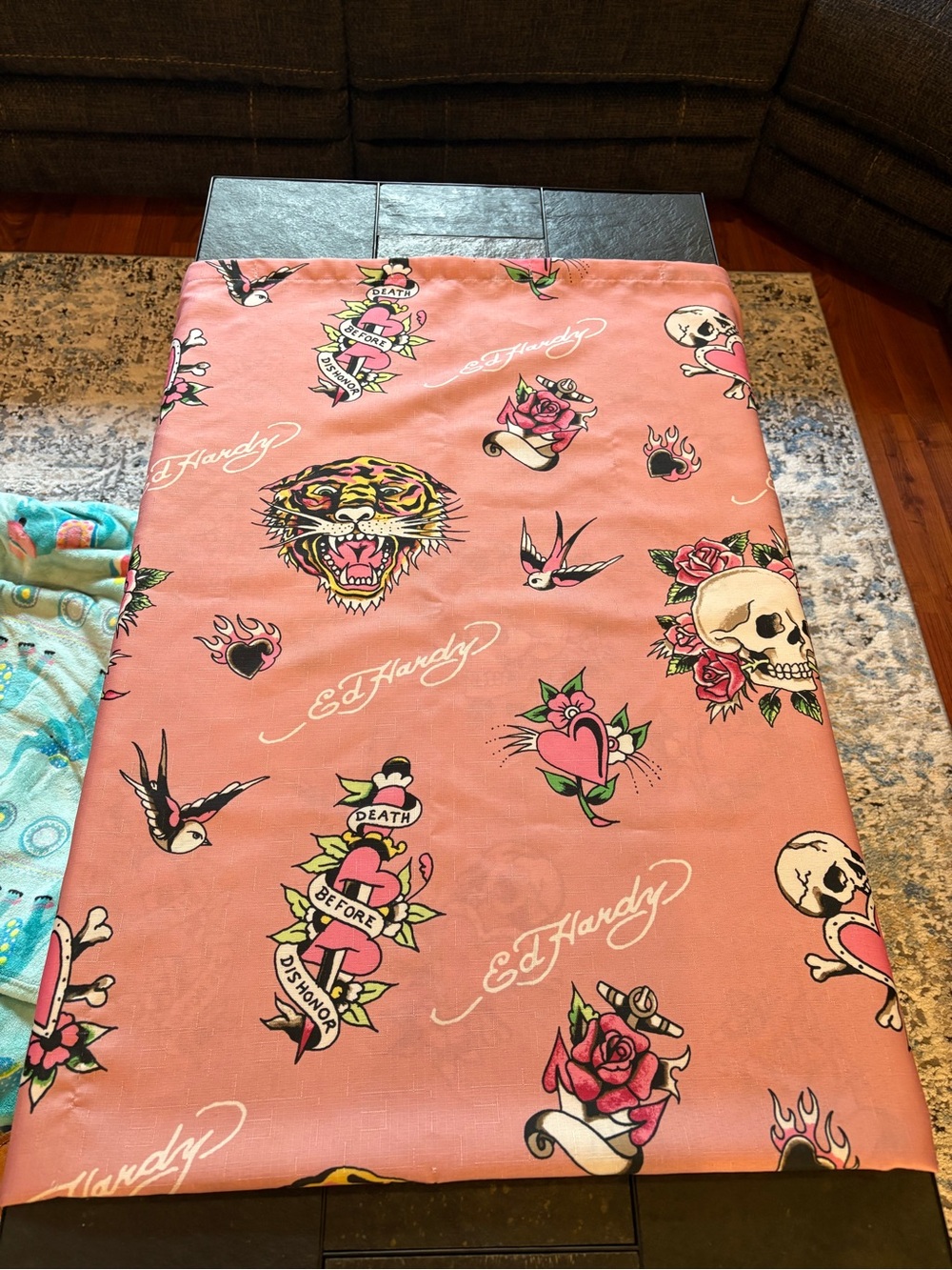 Ed Hardy Coral Pink Tattoo Motif Shower Curtain